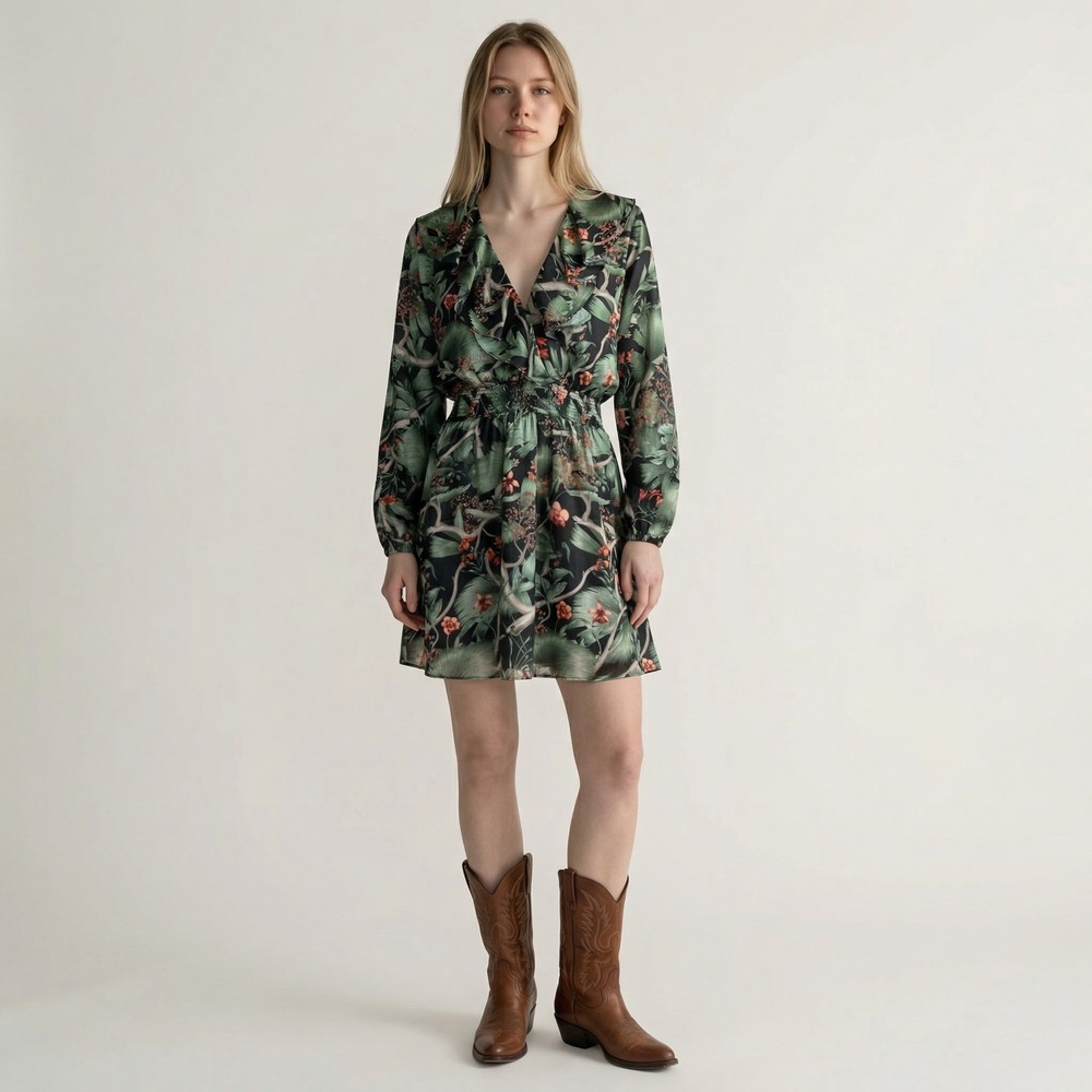 Johanna Ortiz x H&M Tropical Floral Ruffle V-Neck Mini‎ Dress Green XS 0832097 0